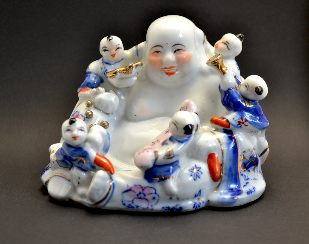 Porcelain Laughing Buddha Figure with Five Children