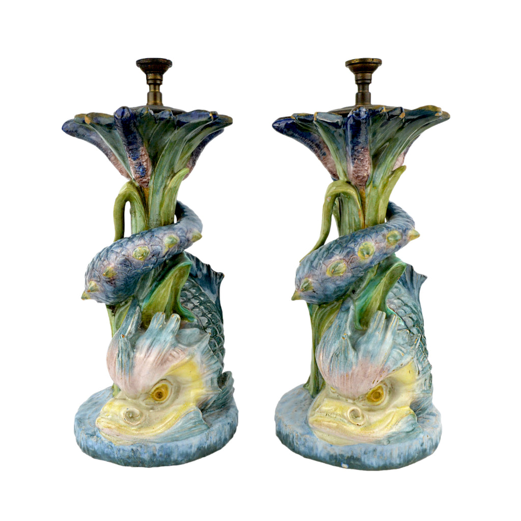 Majolica Serpent Dolphins Candlesticks