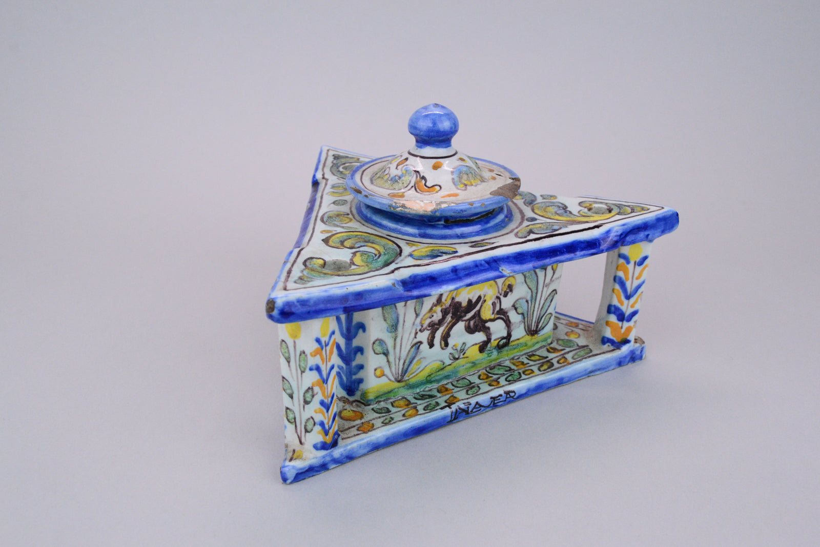 Antique Spanish Talavera Pottery Inkwell